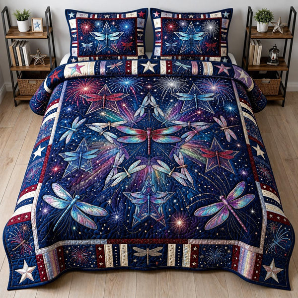 Liberty Flight quilted 3-piece bedding set on a made bed in a warmly lit bedroom