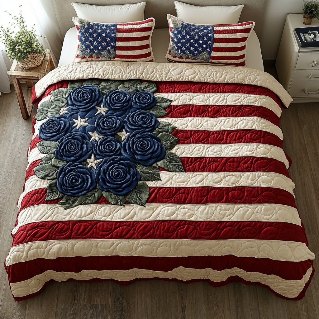 Liberty Flowers quilted 3-piece bedding set on a made bed in a warmly lit bedroom