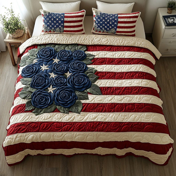 Liberty Flowers quilted 3-piece bedding set on a made bed in a warmly lit bedroom