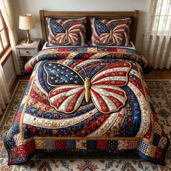 Liberty Garden quilted 3-piece bedding set on a made bed in a warmly lit bedroom