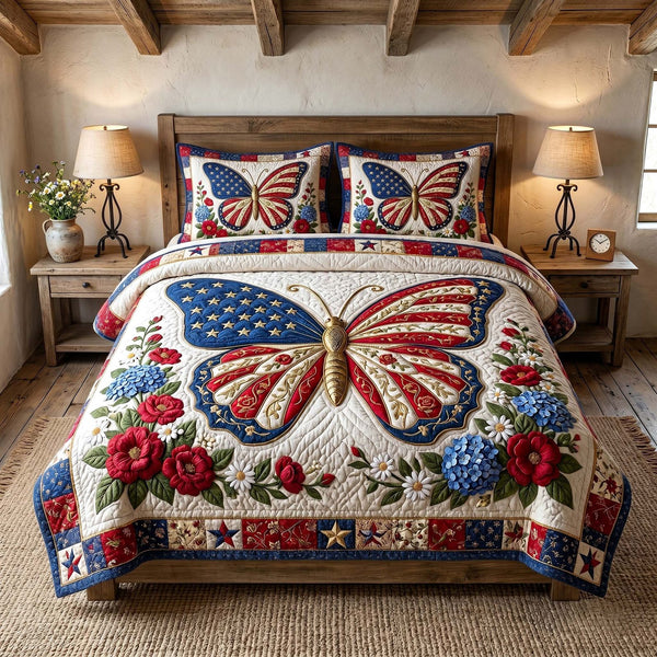 Liberty Garden quilted 3-piece bedding set on a made bed in a warmly lit bedroom