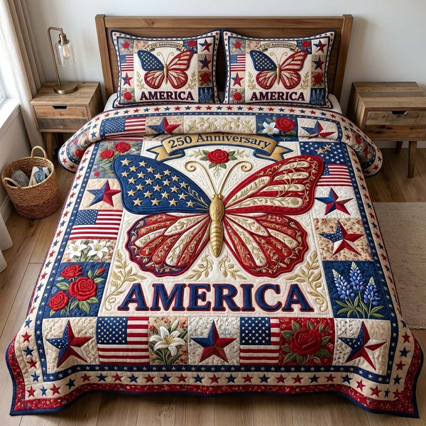 Liberty Garden quilted 3-piece bedding set on a made bed in a warmly lit bedroom
