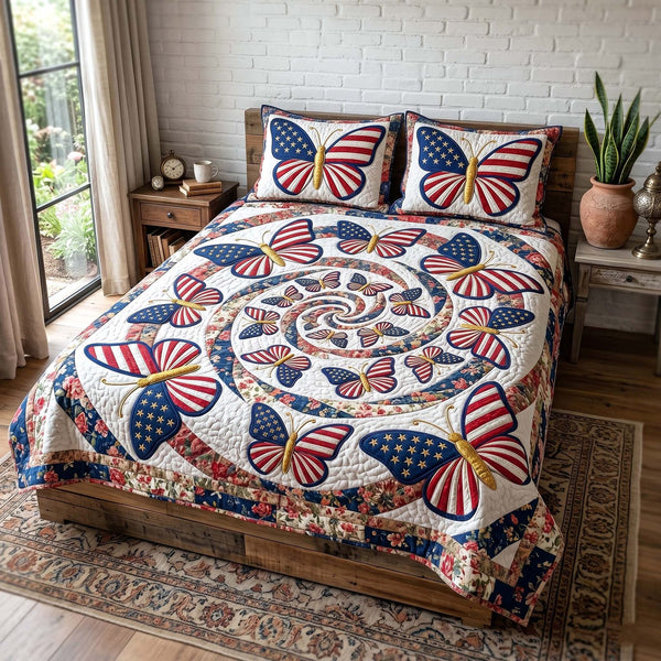 Liberty Garden quilted 3-piece bedding set on a made bed in a warmly lit bedroom