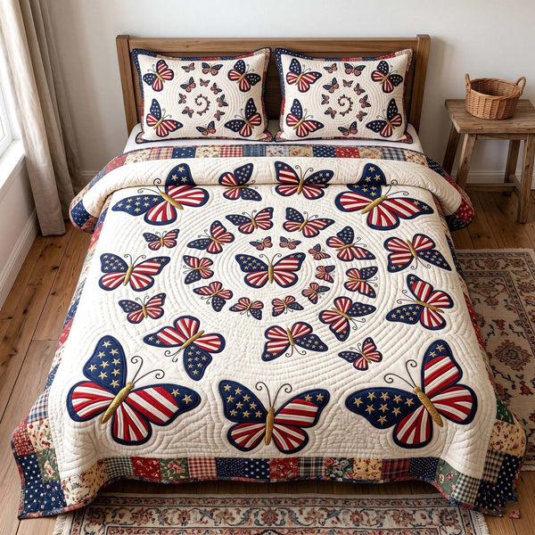 Liberty Garden quilted 3-piece bedding set on a made bed in a warmly lit bedroom