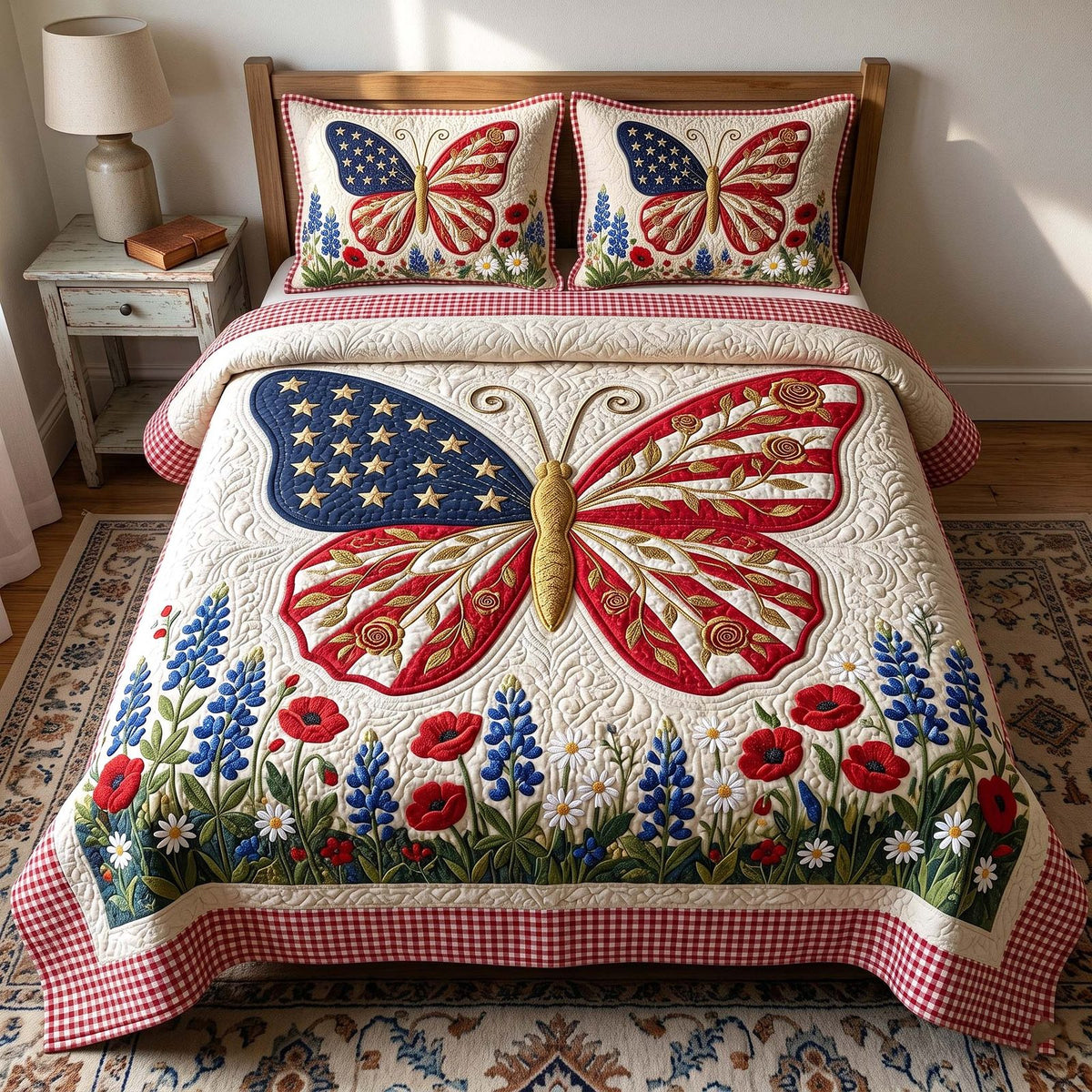 Liberty Garden quilted 3-piece bedding set on a made bed in a warmly lit bedroom