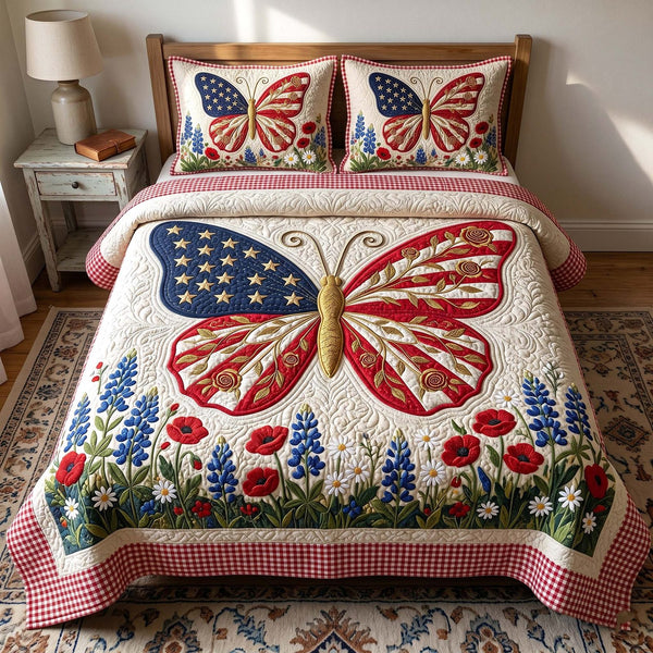 Liberty Garden quilted 3-piece bedding set on a made bed in a warmly lit bedroom