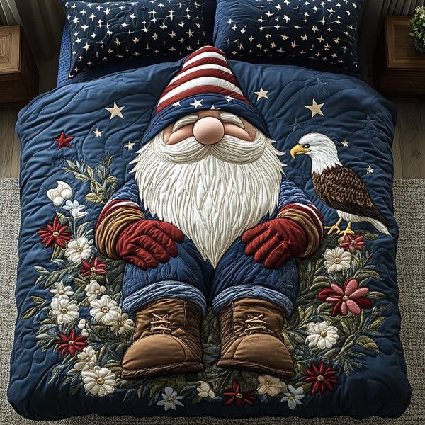 Liberty Gnome quilted 3-piece bedding set on a made bed in a winter-styled bedroom