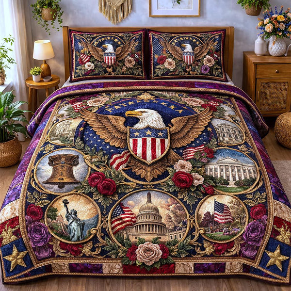 Liberty Heritage quilted 3-piece bedding set on a made bed in a warmly lit bedroom