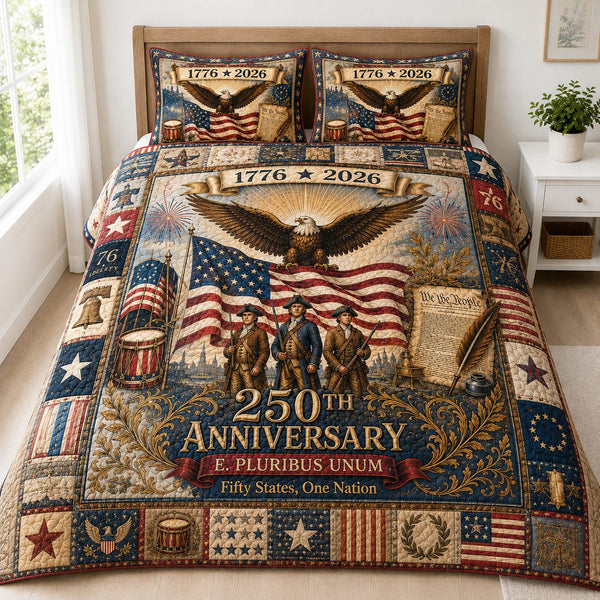 Liberty Honor quilted 3-piece bedding set on a made bed in a warmly lit bedroom