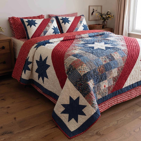 Liberty Honor quilted 3-piece bedding set on a made bed in a warmly lit bedroom