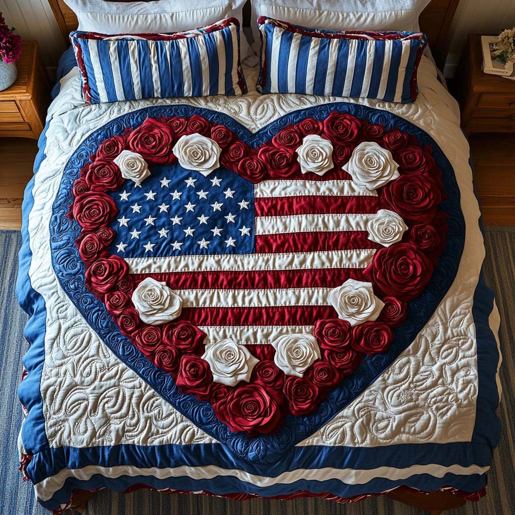 Liberty in Bloom quilted 3-piece bedding set on a made bed in a warmly lit bedroom