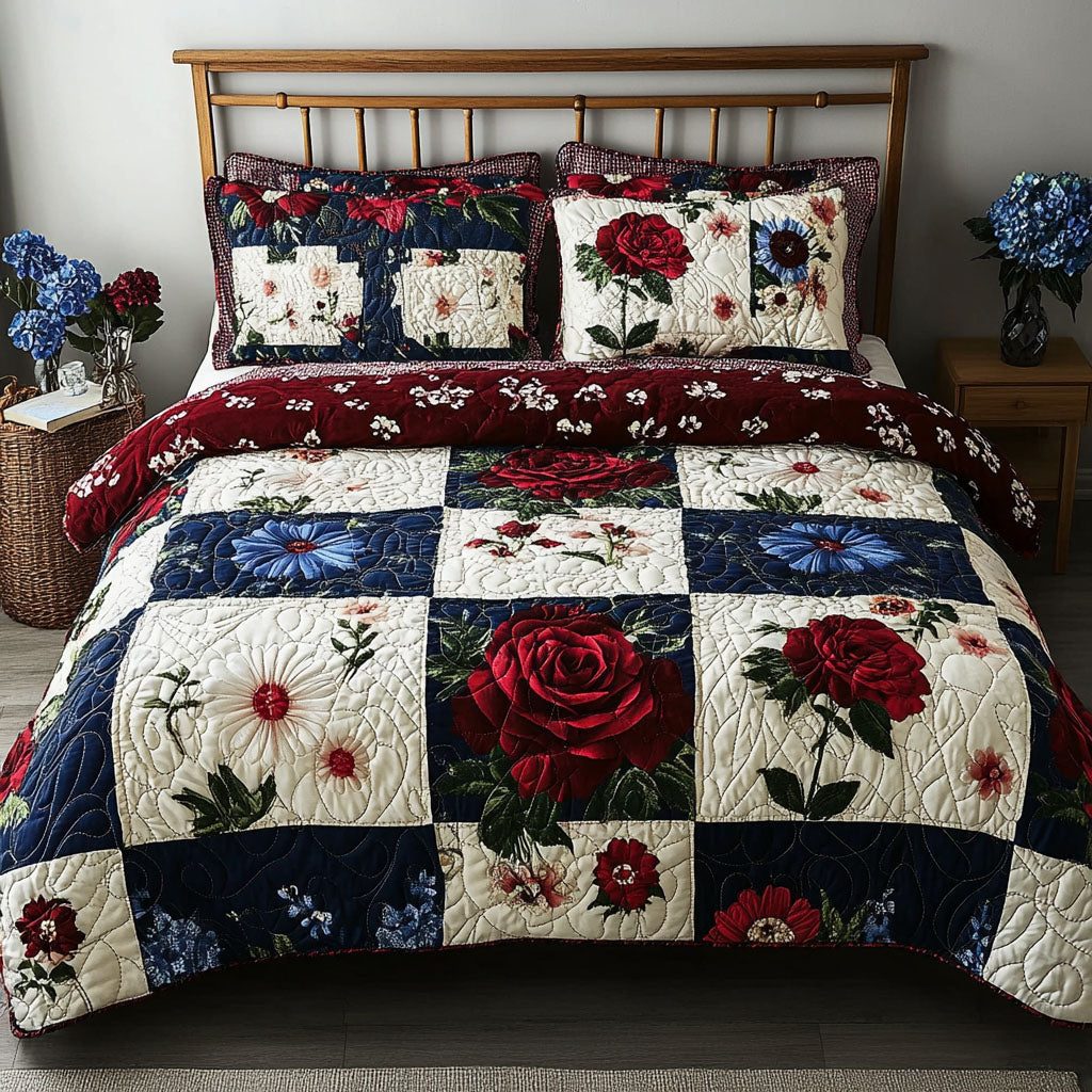 Liberty in Bloom quilted 3-piece bedding set on a made bed in a warmly lit bedroom