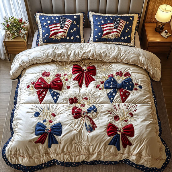 Liberty Knots quilted 3-piece bedding set on a made bed in a warmly lit bedroom