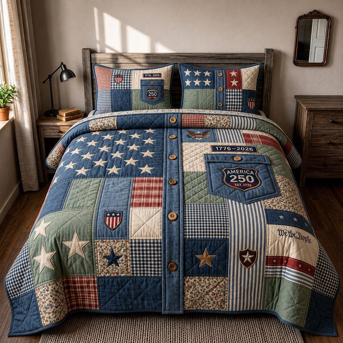 Liberty Legacy quilted 3-piece bedding set on a made bed in a warmly lit bedroom