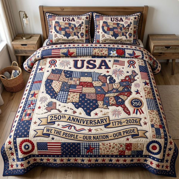 Liberty Legacy quilted 3-piece bedding set on a made bed in a warmly lit bedroom