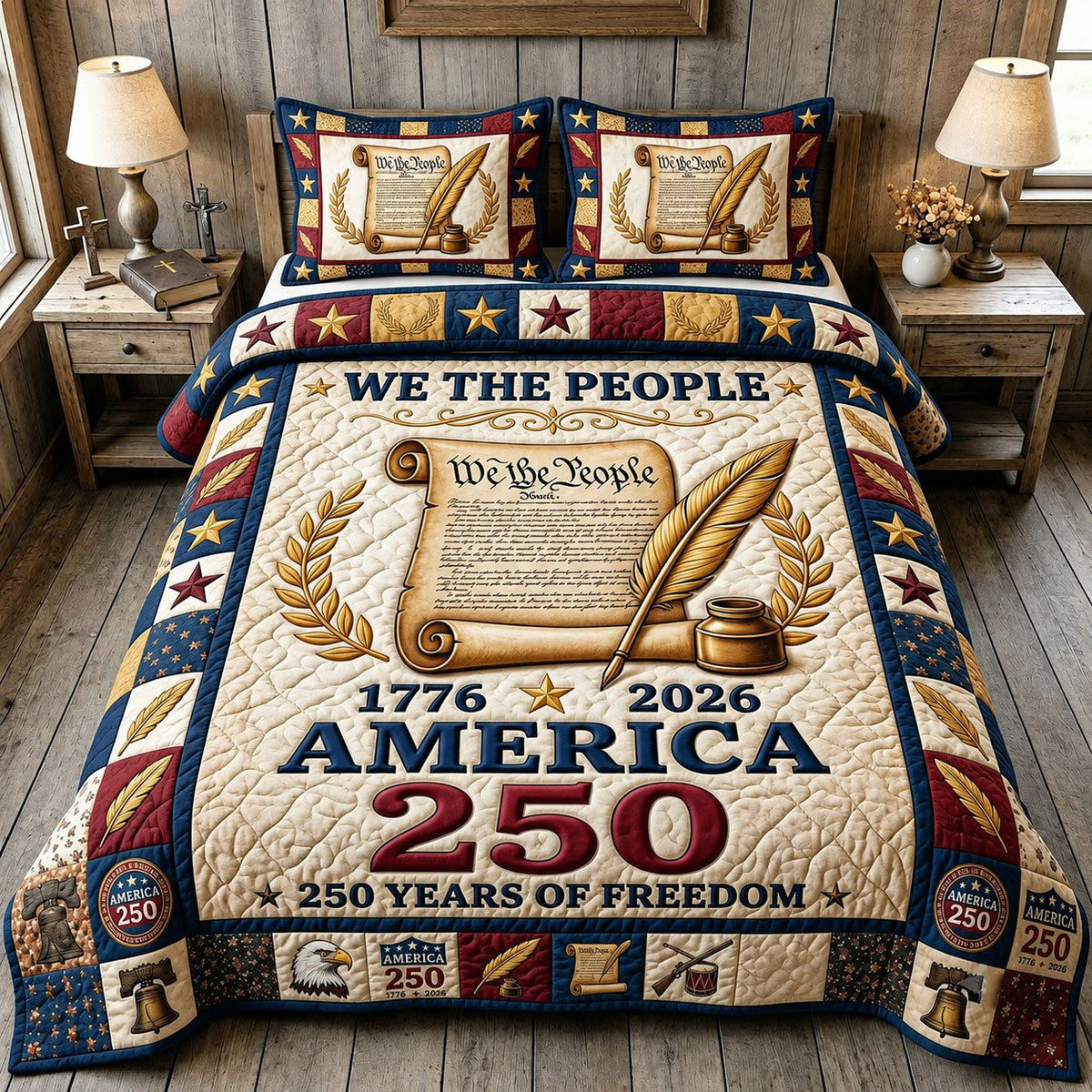 Liberty Legacy quilted 3-piece bedding set on a made bed in a warmly lit bedroom