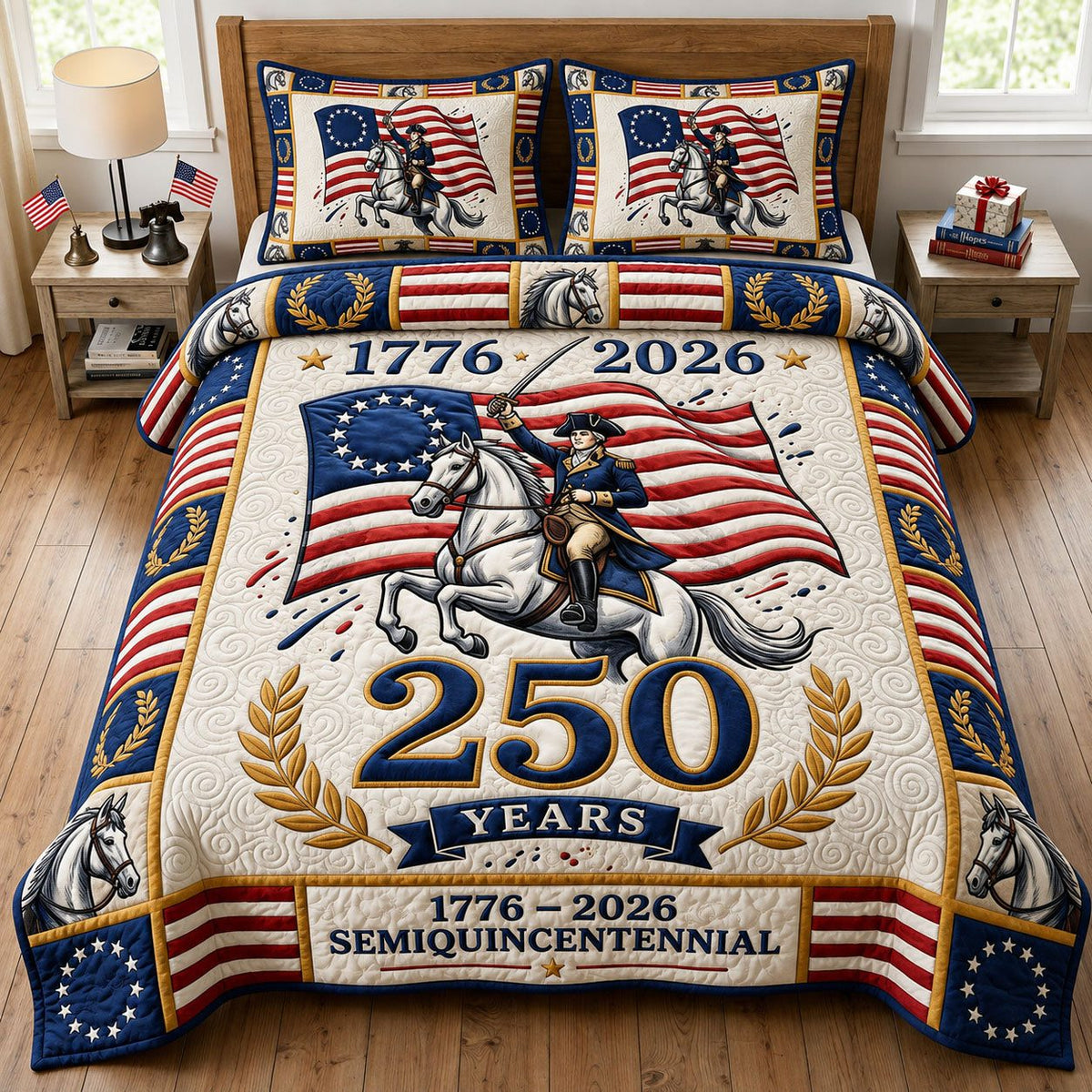 Liberty Legacy quilted 3-piece bedding set on a made bed in a warmly lit bedroom