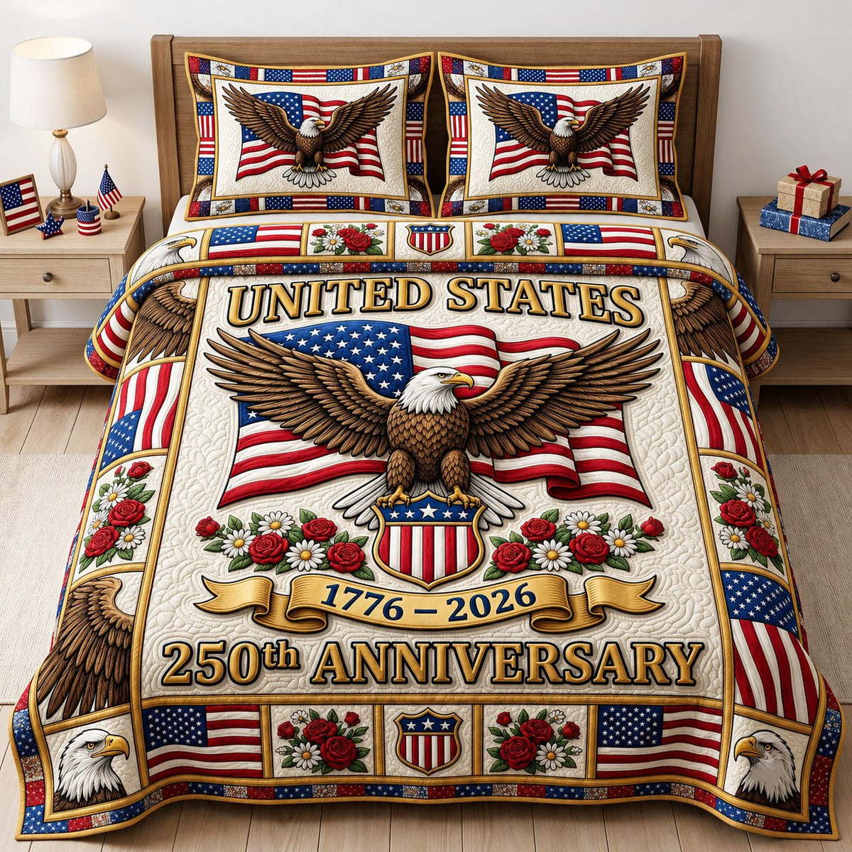 Liberty Legacy quilted 3-piece bedding set on a made bed in a warmly lit bedroom