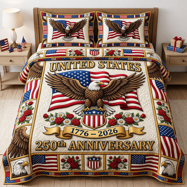 Liberty Legacy quilted 3-piece bedding set on a made bed in a warmly lit bedroom