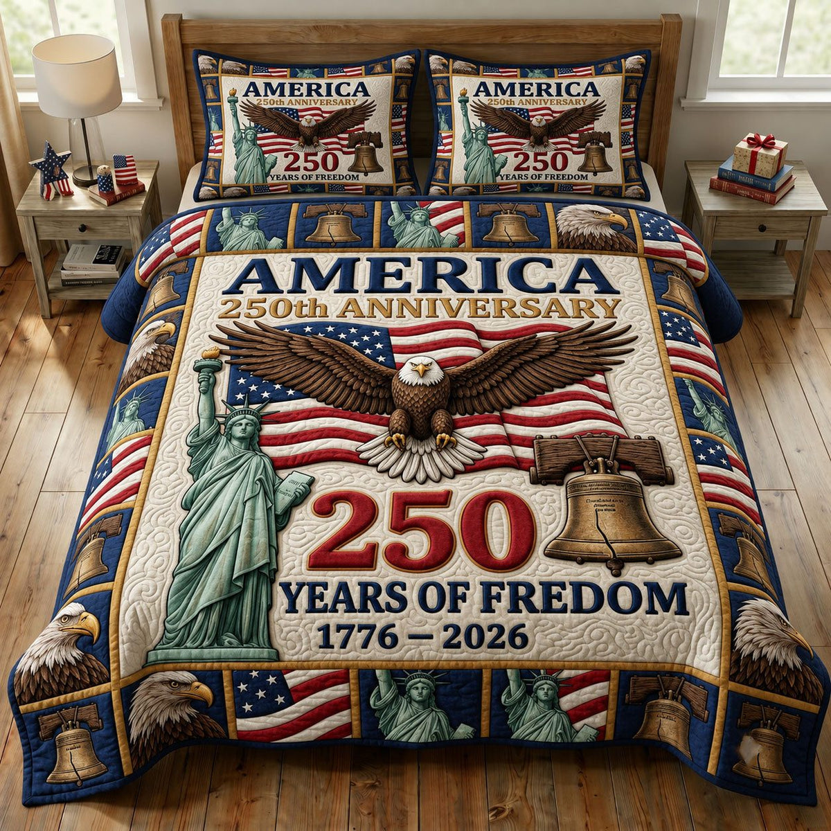 Liberty Legacy quilted 3-piece bedding set on a made bed in a warmly lit bedroom