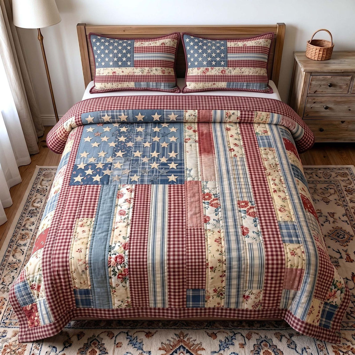 Liberty Legacy quilted 3-piece bedding set on a made bed in a warmly lit bedroom
