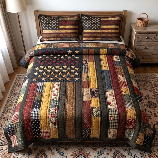 Liberty Legacy quilted 3-piece bedding set on a made bed in a warmly lit bedroom