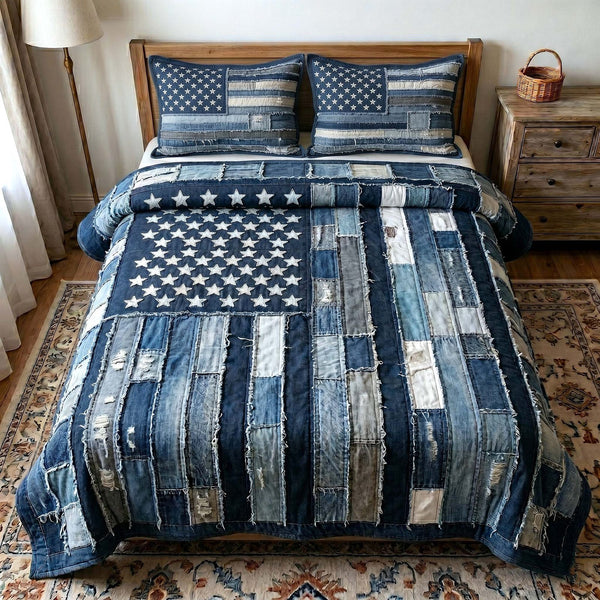 Liberty Legacy quilted 3-piece bedding set on a made bed in a warmly lit bedroom