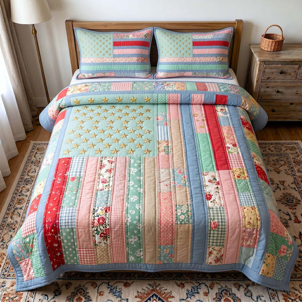 Liberty Legacy quilted 3-piece bedding set on a made bed in a warmly lit bedroom