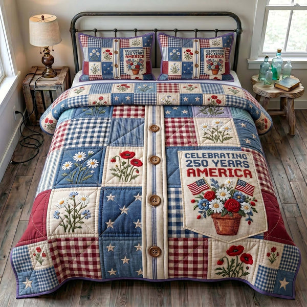 Liberty Legacy quilted 3-piece bedding set on a made bed in a warmly lit bedroom