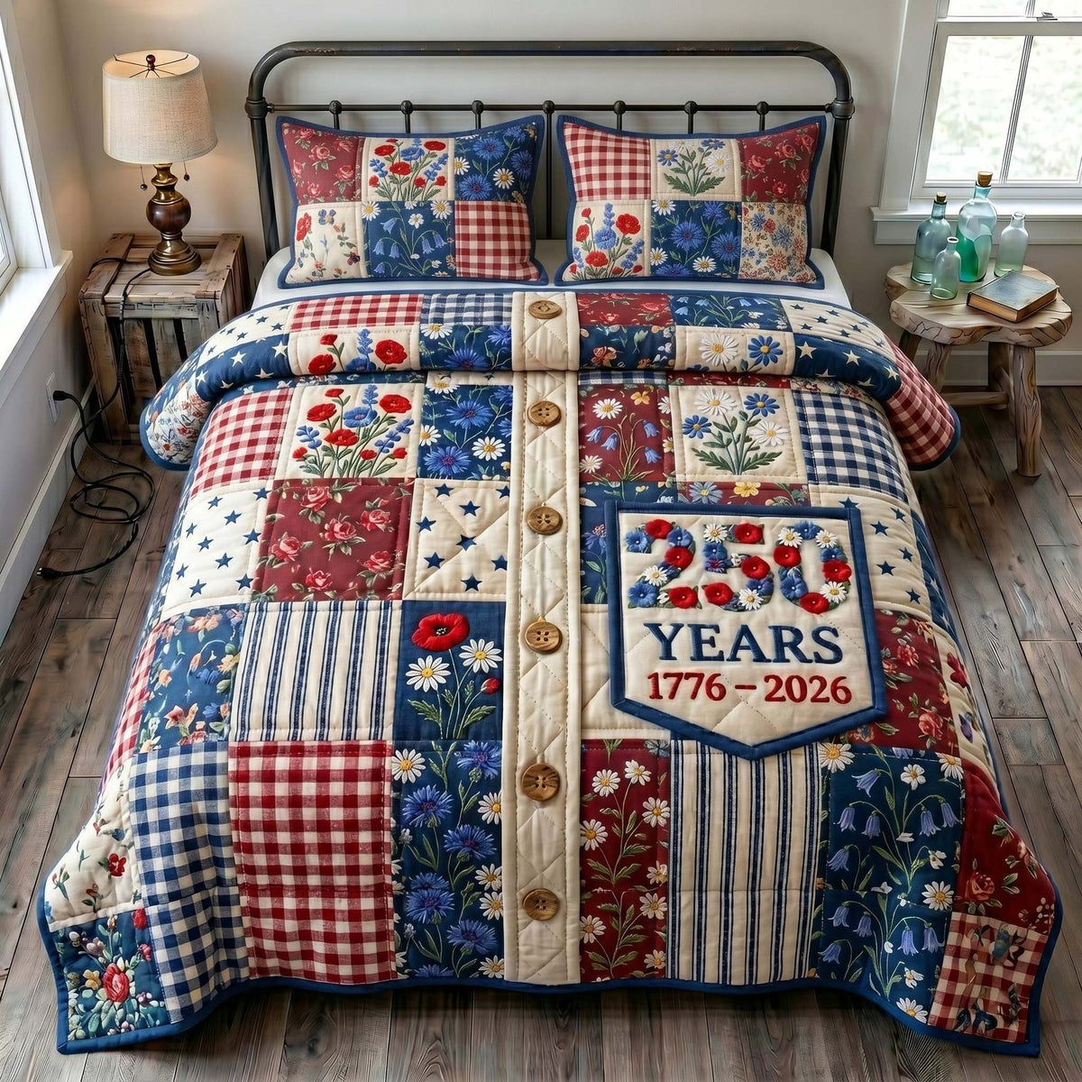Liberty Legacy quilted 3-piece bedding set on a made bed in a warmly lit bedroom