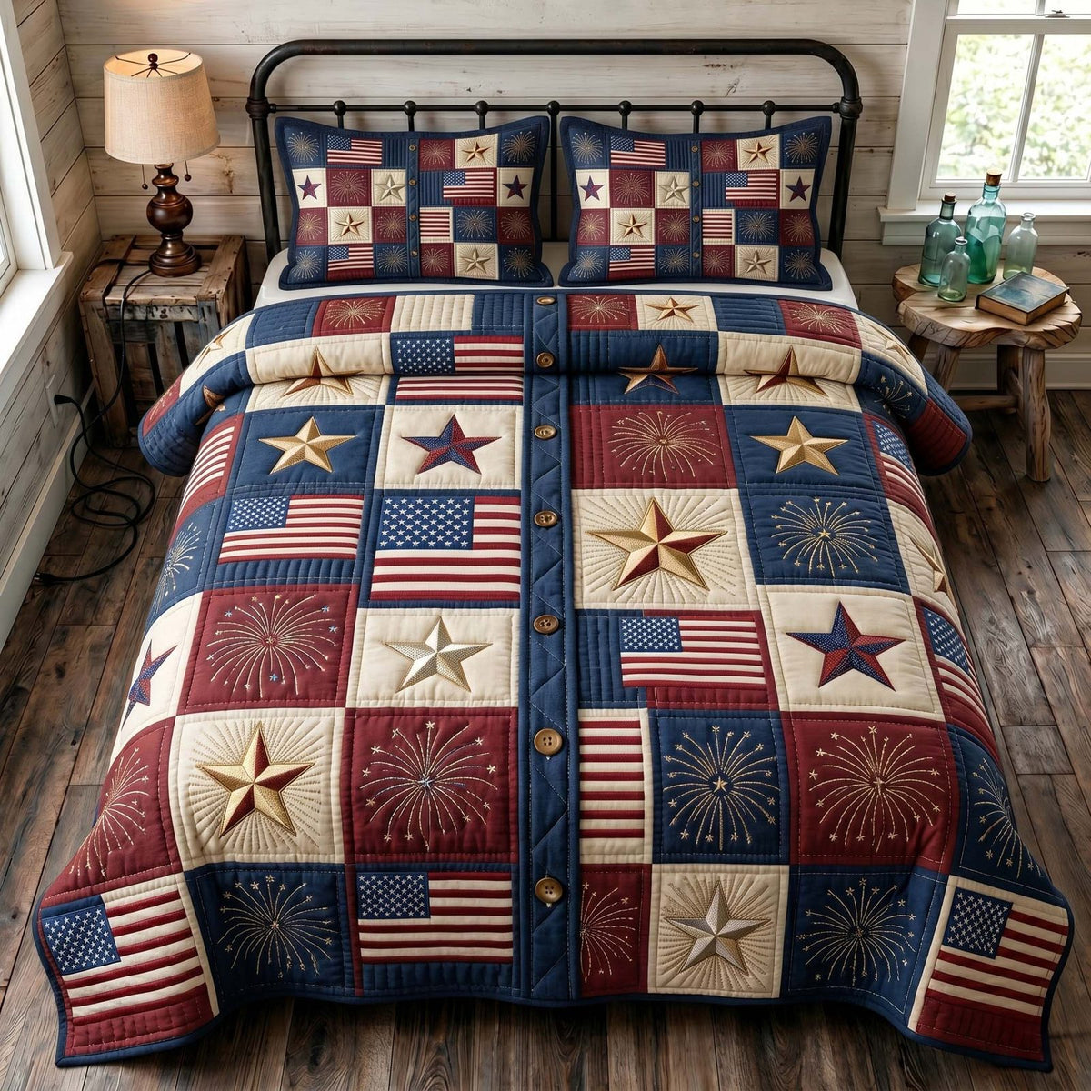 Liberty Legacy quilted 3-piece bedding set on a made bed in a warmly lit bedroom