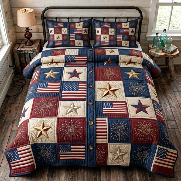 Liberty Legacy quilted 3-piece bedding set on a made bed in a warmly lit bedroom