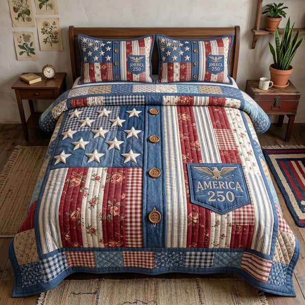 Liberty Legacy quilted 3-piece bedding set on a made bed in a warmly lit bedroom