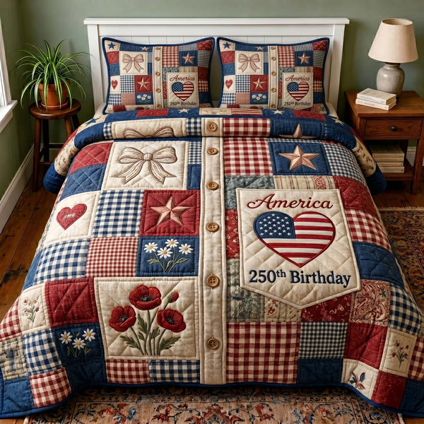Liberty Legacy quilted 3-piece bedding set on a made bed in a warmly lit bedroom