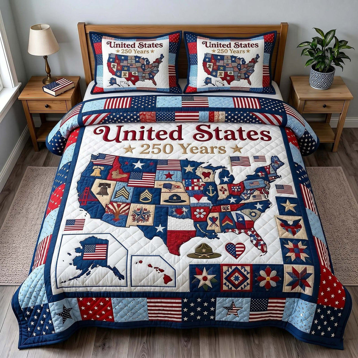 Liberty Legacy quilted 3-piece bedding set on a made bed in a warmly lit bedroom