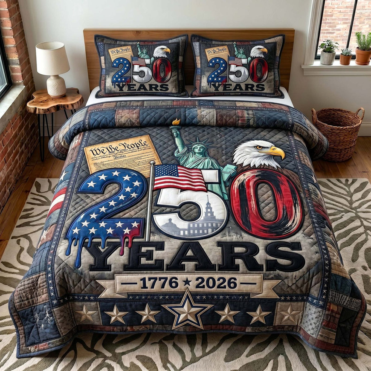 Liberty Legacy quilted 3-piece bedding set on a made bed in a warmly lit bedroom