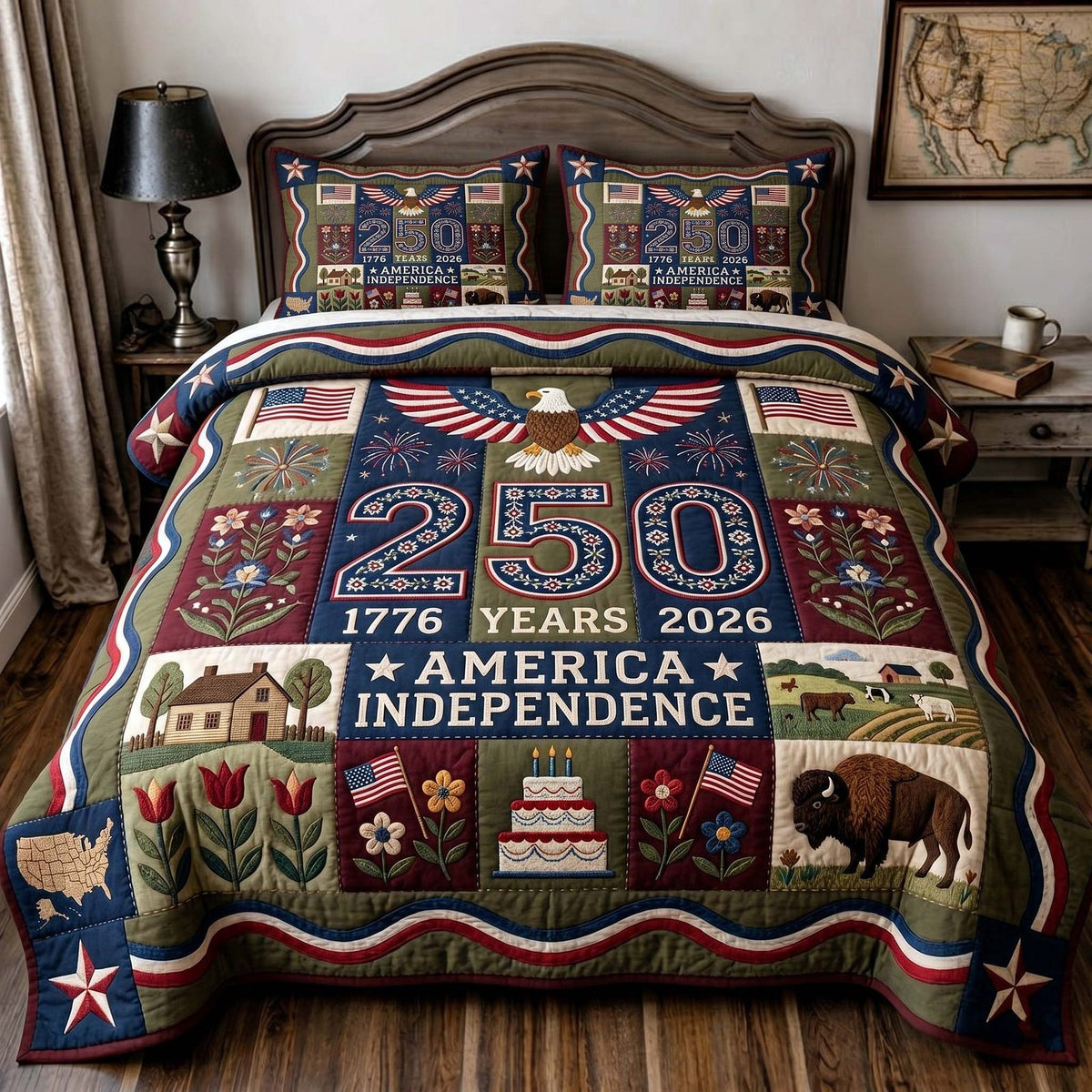 Liberty Legacy quilted 3-piece bedding set on a made bed in a warmly lit bedroom
