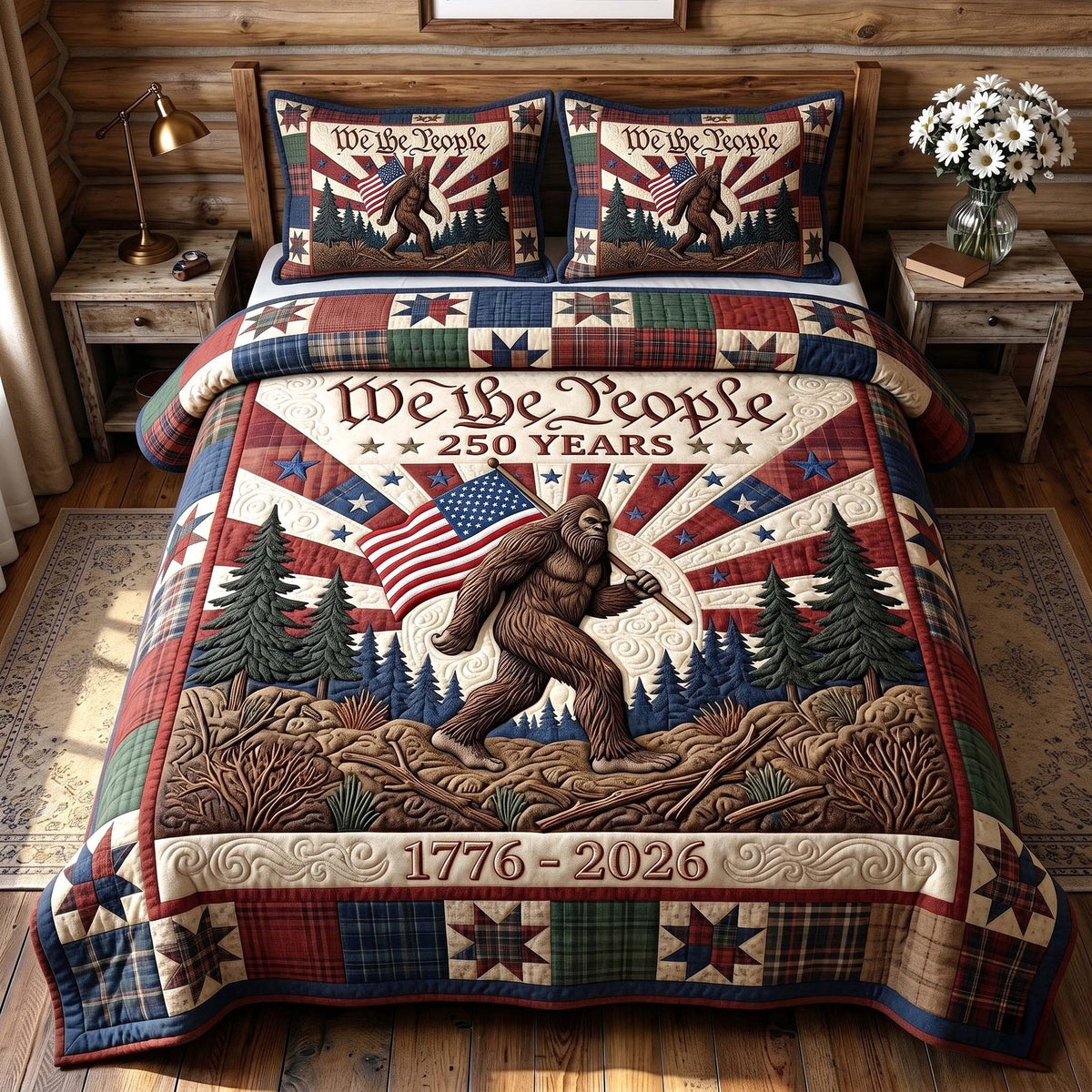 Liberty Legend quilted 3-piece bedding set on a made bed in a warmly lit bedroom