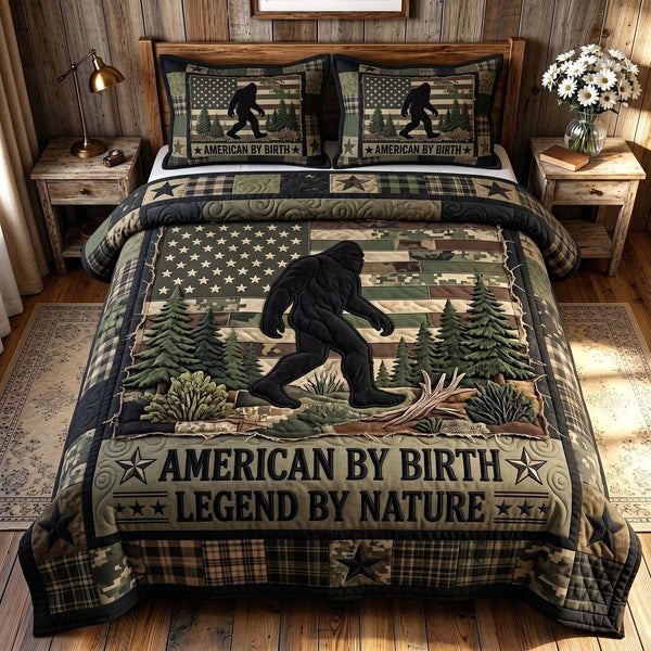 Liberty Legend quilted 3-piece bedding set on a made bed in a warmly lit bedroom