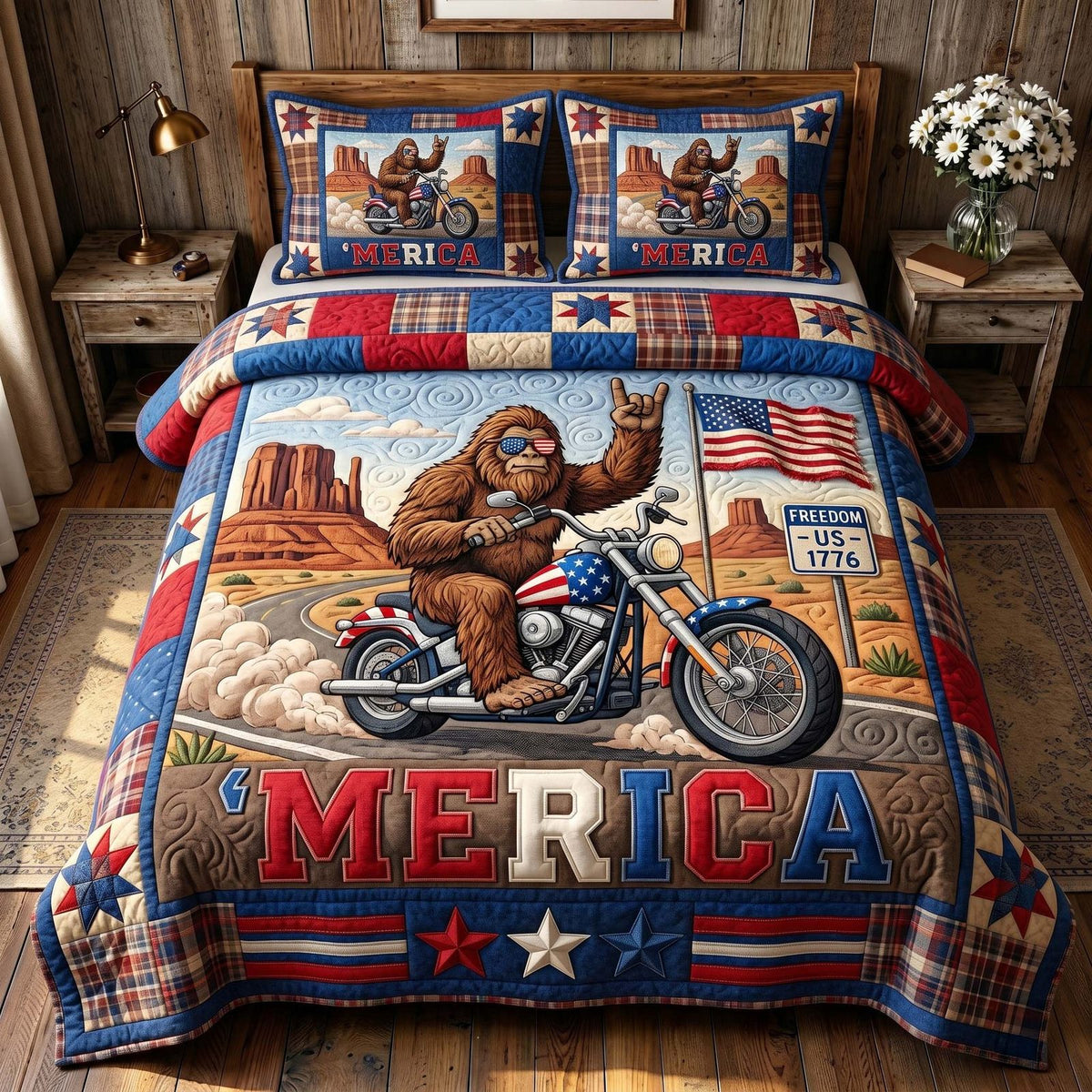 Liberty Legend quilted 3-piece bedding set on a made bed in a warmly lit bedroom