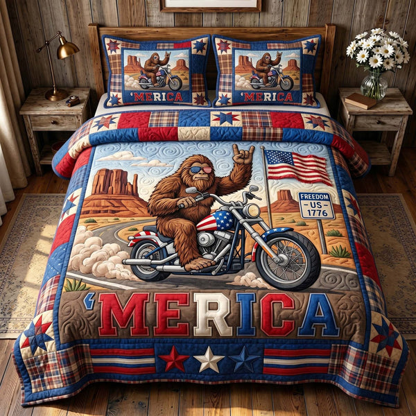Liberty Legend quilted 3-piece bedding set on a made bed in a warmly lit bedroom