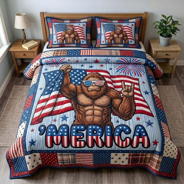 Liberty Legend quilted 3-piece bedding set on a made bed in a warmly lit bedroom
