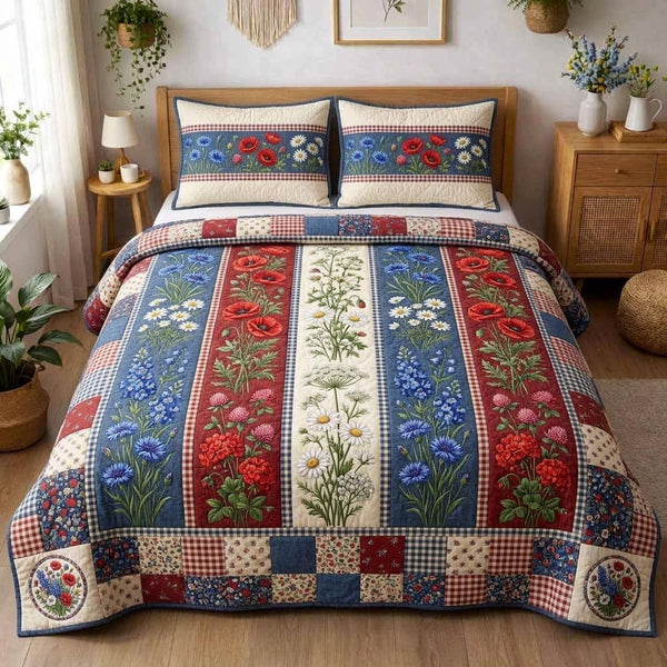 Liberty Meadow quilted 3-piece bedding set on a made bed in a warmly lit bedroom