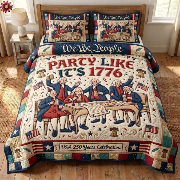 Liberty Party quilted 3-piece bedding set on a made bed in a warmly lit bedroom