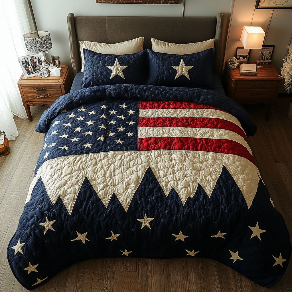 Liberty Patch quilted 3-piece bedding set on a made bed in a warmly lit bedroom