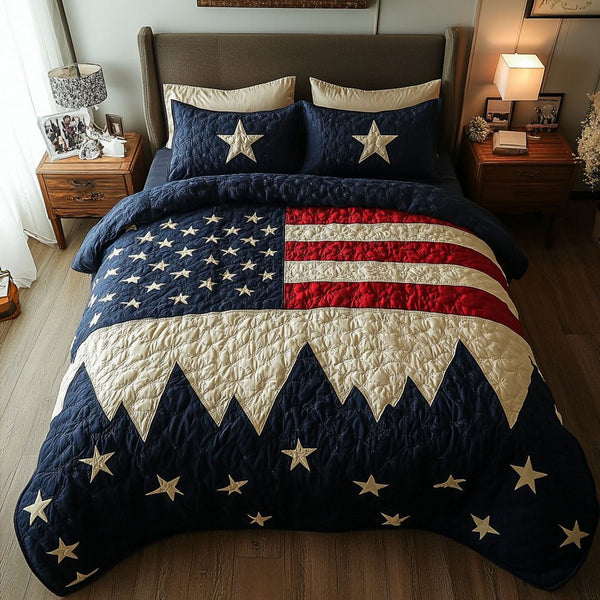 Liberty Patch quilted 3-piece bedding set on a made bed in a warmly lit bedroom