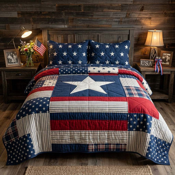 Liberty Patchwork quilted 3-piece bedding set on a made bed in a warmly lit bedroom