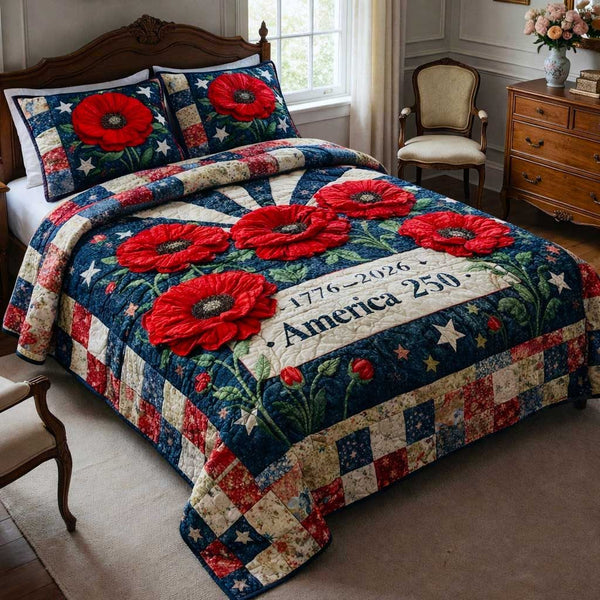 Liberty Poppy quilted 3-piece bedding set on a made bed in a warmly lit bedroom