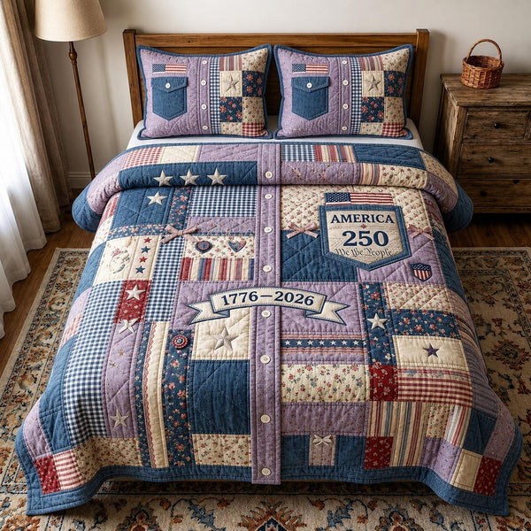 Liberty Pride quilted 3-piece bedding set on a made bed in a warmly lit bedroom