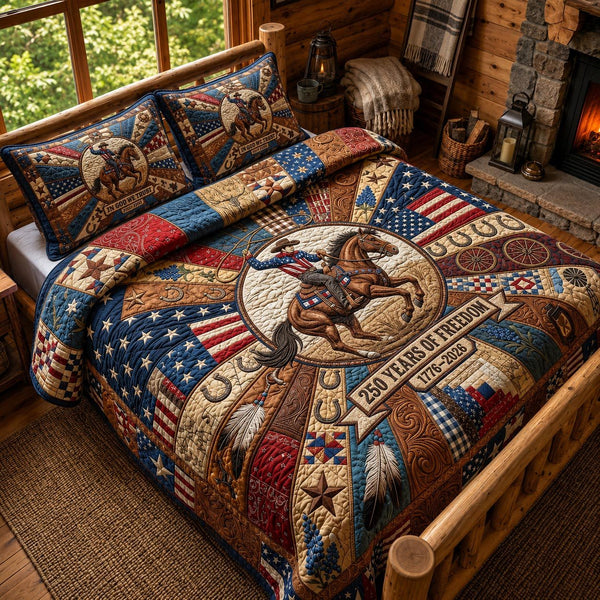Liberty Pride quilted 3-piece bedding set on a made bed in a warmly lit bedroom